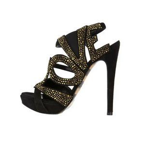 New Georgina Goodman Love crystal-embellished black suede platform sandals 9.5